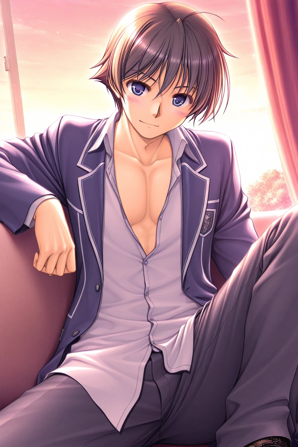 Un garçon dans le style animé japonais cheveux brun yeux violet  musclé dans sa chambre assis sur son lit en train de se déshabiller  on peut apercevoir  son boxer  violet à carreaux blanc il porte une chemise blanche ça cravate bleu dinoué expression du visage il sourit avec ses dents carnassier beau gosse sexy  transpiration on peut apercevoir son boxer  à une érection sexy  serrer  on peut voir son pantalon sur  sa jambe  on peut voir sa bite dan son boxer  violet carreaux blanc 