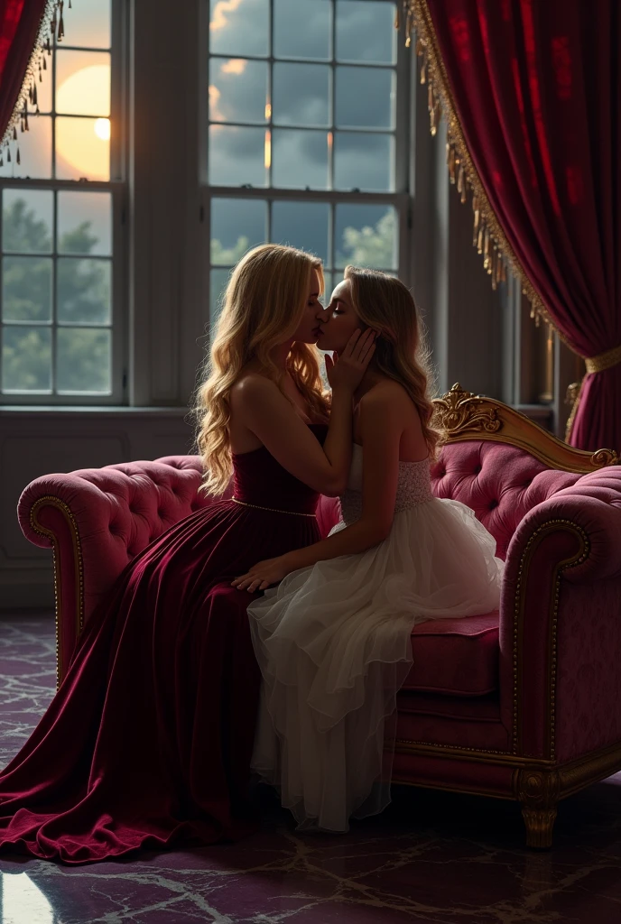 (Masterpiece, 8k, 16k, uhd, best quality, fantasy photograpy, epic imagination) ((Very detailed)), 2girls Swedish girls (cuddling, front to back:1.2) in a "empty gothic Cathedral", dressed in fine lingerie with lots of lace and shiny fabrics, beautiful, tender, the girls are kissing passionately, with her hands on her breasts, french kissing, film scene, cinematic lighting, rose dressees, red dresses, very long wavy blonde hair, woman blonde, big tits, no nude, no pornographic, erotic scene, all girls wear bras, smiling with lips parted and showing the tips of the incisor teeth.