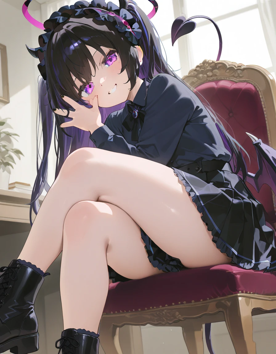 beautiful, masterpiece, highest quality, HiqCG body, anime, (1 girl:1.5), (small breasts:1.2), view audience, wet skin, intricate details, little woman, her eyes were shining like dreamy stars,(shining eyes:1.3),(beautiful detailed eyes:1.1)、[[delicate fingers and hands:0.55]::0.85],(Detailed reference),(eyes are bright purple,(sharp eyes:1.3), (tsurime:1.5), twin tails,straight hair,(asymmetrical bangs:1.2),(blunt bangs:1.3), (hairpin:1.2), Lolita, young face,childish,Small devil,succubus,vampire,double teeth,小さいhorn), (black fishnet tops:1.5),(disheveled clothes:1.5),(yandere:1.1),(yandere smile:1.3),(smirk:1.3) ,eyes are bright purple,(sharp eyes:1.3),charming,cute,dark black hair,horn,from head to foot,小さいhorn,night sky,school uniform,,(squatting down:1.5)