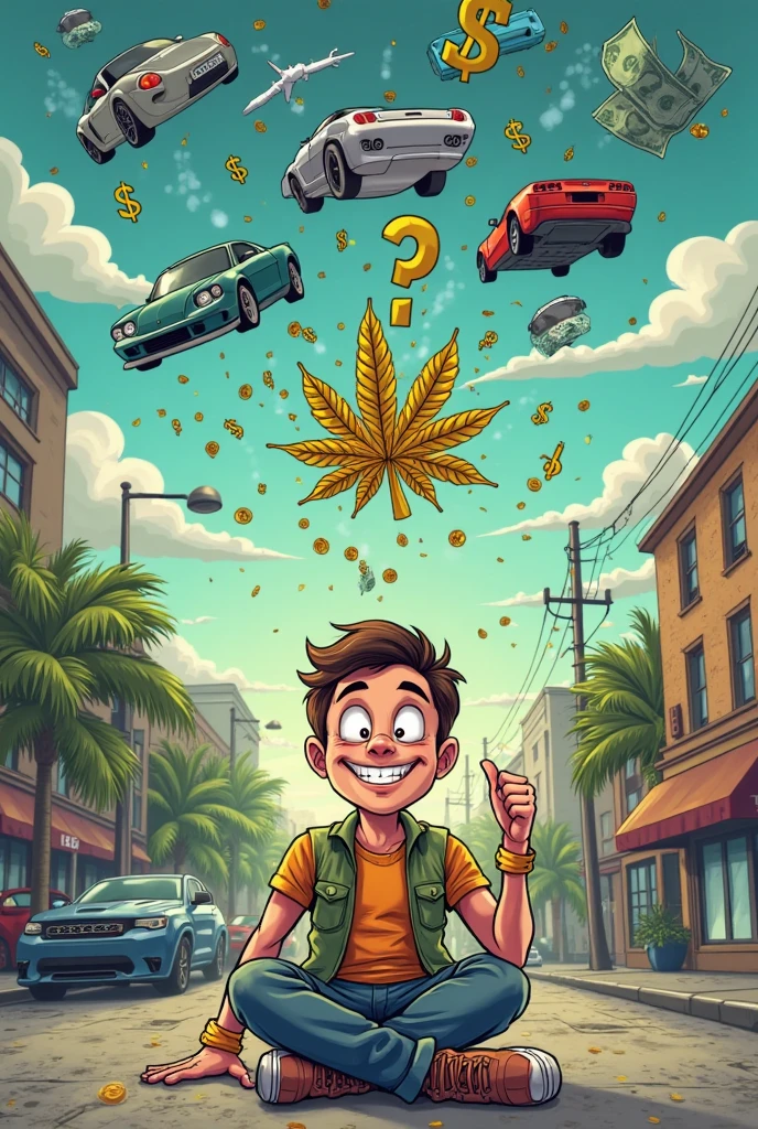 Little Ghetto green eyed laughing white boy with a fade wearing jordans holding a money bag marijuana leaves and smoke background cartoon