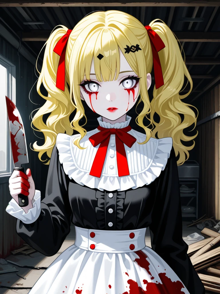 chika, 1girl, huge breasts, solo, blonde hair, couch, , looking at viewer, bowtie, red skirt, ponytail, bleeding from eyes, black sclera, sitting, blood stains, torn clothes, white shirt, kogal, indoors, ahoge, red bow, smile, open mouth, needlelike teeth, dim lighting, (horror, black static, scribbles:1.4), potted plant, bodyhorror, extra eyes, extra mouth, score_9, score_8_up, score_7_up, score_6_up, score_5_up, score_4_up