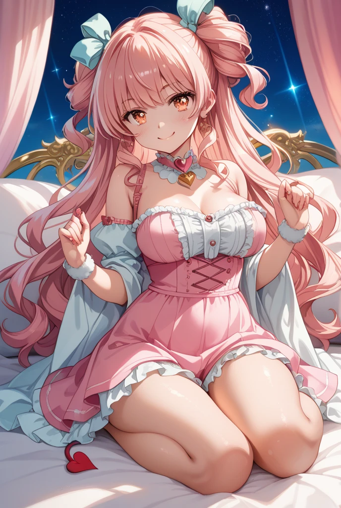 1 girl, chestnut hair, fluffy and soft hair, blue eyes, gingham check dress, set up, big breasts, lace and frills, retro, knee-high socks, seductive breasts, seductive thighs, pink lips, pink Nails, retro cute room, heart, ribbon, retro cute, choker, earrings, bracelet, cleavage