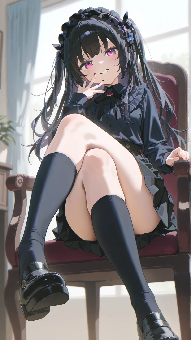 Gal High School Girl、One girl in a mini skirt, Squat with your legs wide apart、Looking down at the viewer, Twin tails, Highest quality, Focus on the thighs,, smile, blazer, blouse, Black Pantyhose, panties under pantyhose, , classroom, Black Hair,My thighs are steaming between the legs 、Sweaty pantyhose、Show the soles of your feet here、My feet are stuffy、Put the soles of your feet on the face of a male student