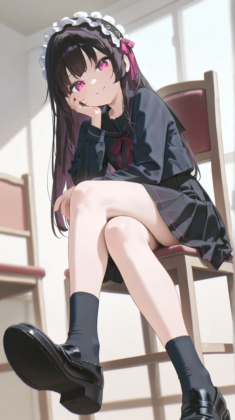 1 Girl,black silk feet,soles of feet ,Purple eyes,black hair,Straight hair,school uniform,Thigh skirt,morning,street,anime,light,Side light