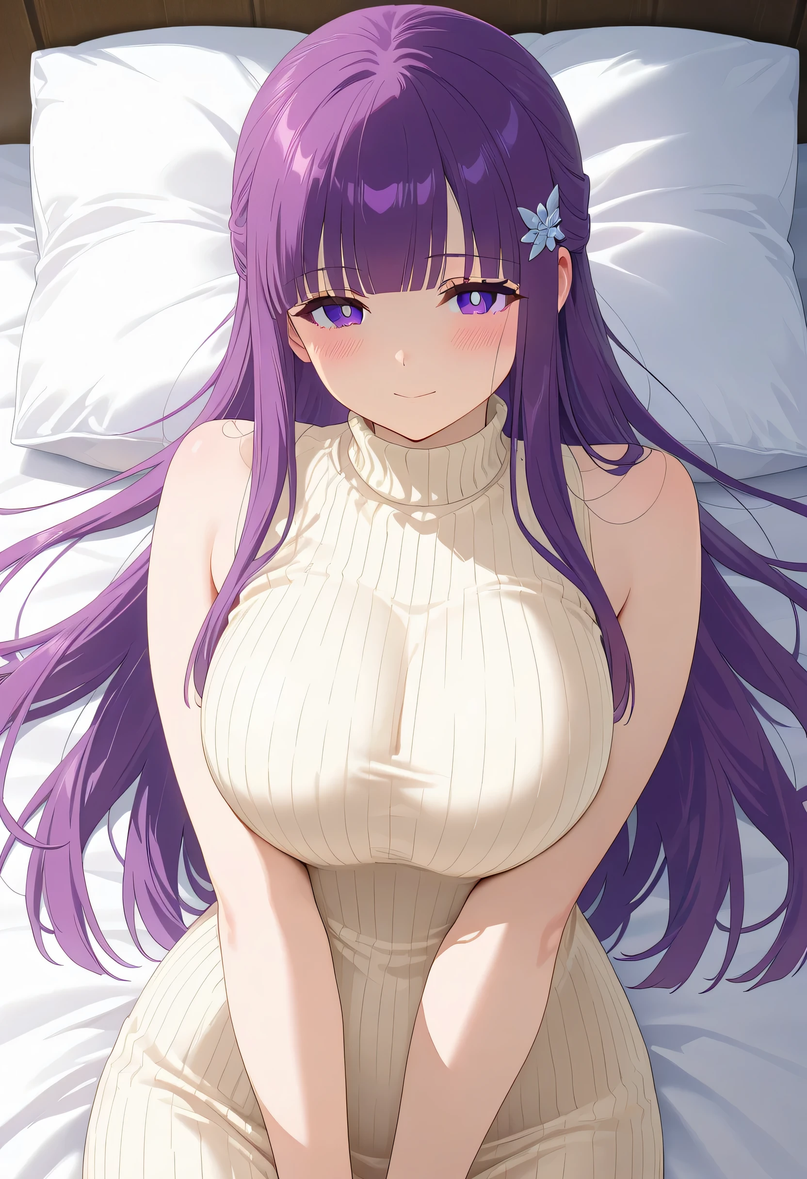 Wolf Girl, Large Breasts, Voluminous, messy purple hair, masterpiece , Red eyes, hd, Head to Chest, Put in your chest、 tooth、Double teeth,, On the bed、Thick thighs、Grinning、Sleeveless sweater、Earpick