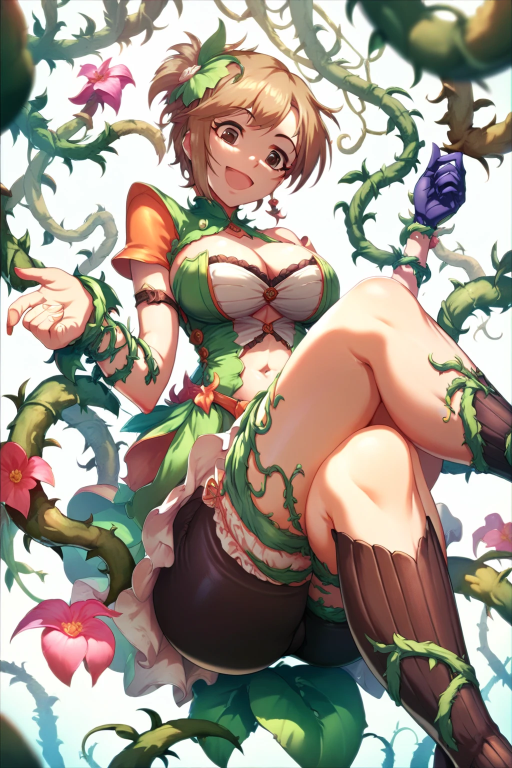 magazine cover, glasses, redhead, green lingerie, sexy pose, big breasts, smile, green witch hat, short hair
