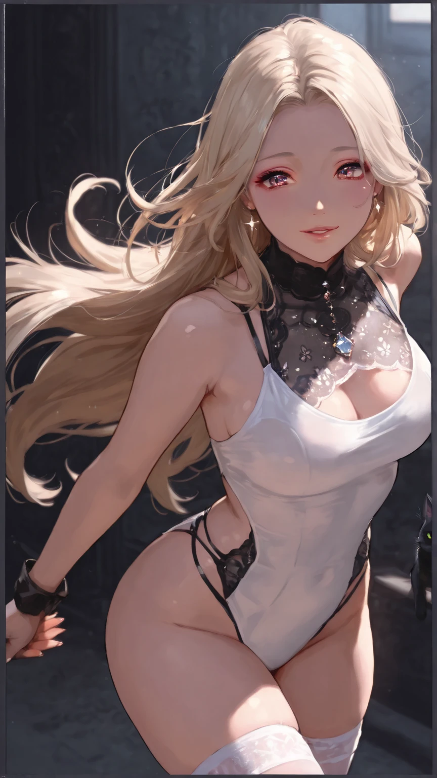 Neko girl With Brown skin, With medium wavy brown hair with platinum blonde highlights, and dark brown eyes, With big breasts A little on display in a tight outfit