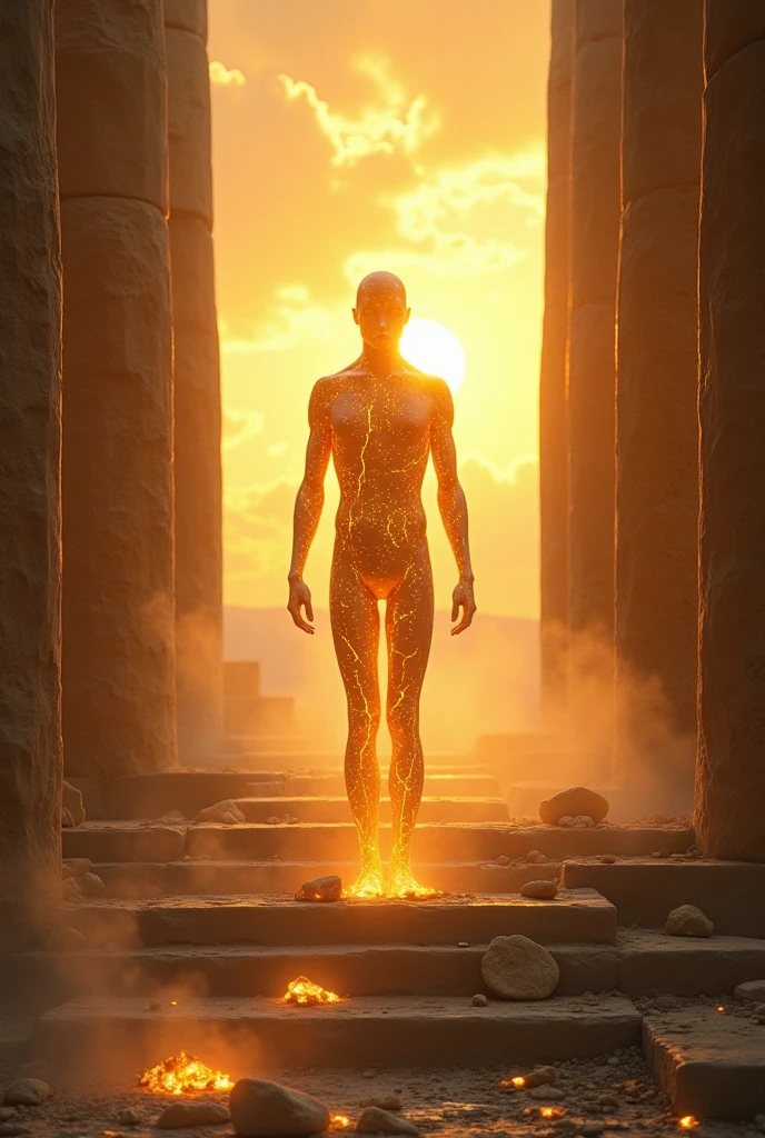create an image of a sun-colored, glowing warrior, with a very large, square helmet with precious stones on its visor instead of eyes