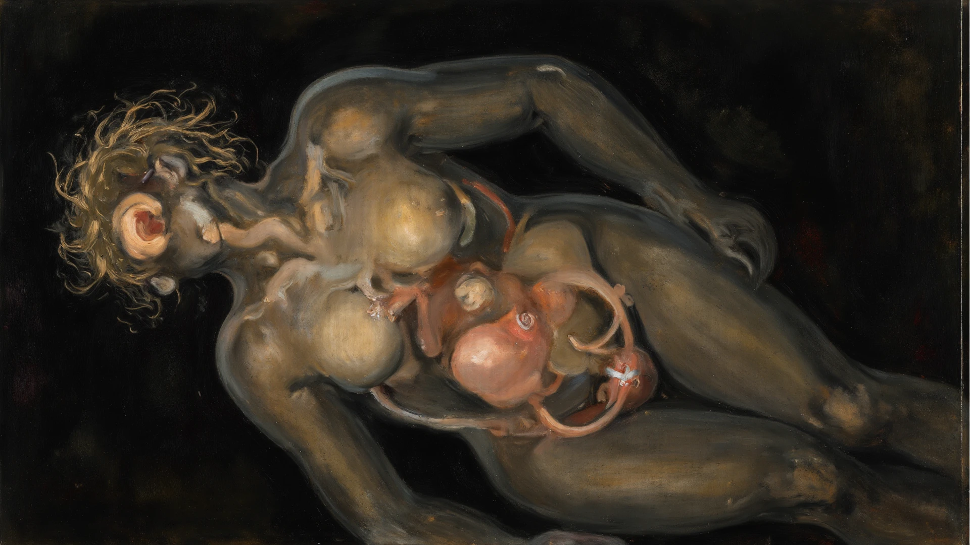 A naked woman giving birth a many baby monster in pain through her with a female monster