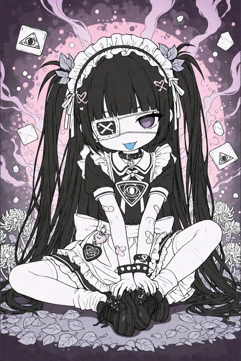 Black Hair、Black Feather、Gothic punk dress、Legs sticking out，Sit on a chair, Crossing your legs、Throne,anime zombie witch design, Crossbones, skull, Streetwear Design, Provector, Horror Style, Full Design, Only 6 colors, Solid Colors, No Shadow, Full Design, Stickers, Bright colors, White Background.Ultra-fine illustrations,(((Beautiful fine hair))),(((Beautiful Faces))),(((Beautiful background))),(((Beautiful fine hair))),(((Beautiful Faces))),(((Beautiful background)))、Black Hair、Blunt bangs，Undershot（（Right hand white eye，Left eye purple）），Otto Eyes