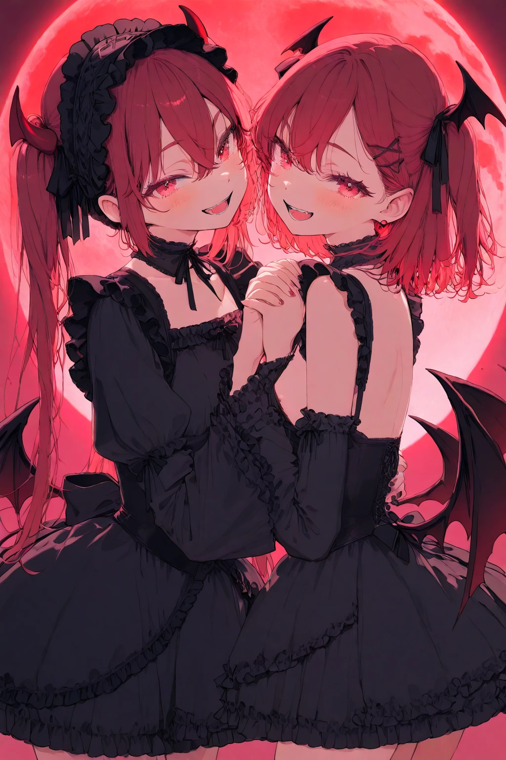(Best Quality:1.3),4K,8K,8K Portrait,16 K,(masterpiece:1.2),(2girls:1.7),(twins:1.6),garnet,lapis lazuli,(maximalism:1.5),ultra-detailliert,absurderes,(extremely detailed beautiful face and eyes:1.3),
(extremely detailed beautiful hair:1.3),
Super cute girl,(bob cuts:1.4),(Girl with garnet eyes and red hair:1.3),(Girl with lapis lazuli eyes and light blue hair:1.3),(is wearing Gothic Lolita dresses, ruffles :1.3),(extremely detailed Devil’s wings on back:1.8),(Jewelry Hair Ornaments:1.3),(closes mouth:1.4),
(jewelry eyes:1.3),(Eyelashes:1.2),(symbol in eyes:1.3),(hight resolution, Twinkle,Glitter,Lens Flare,light Particle,Shining:1.3),