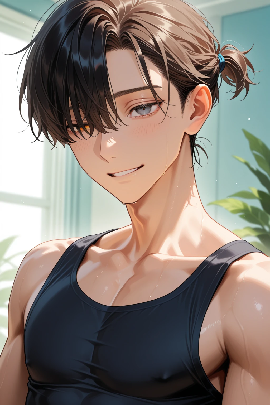 ((highest quality, masterpiece, 4k, finely detailed, detailed eyes, detailed face, intricate details, pixiv, gelbooru)) solo, (((1boy, male, masculine, handsome, slight muscles, Kanan_Matsuura_(Love_Live_Sunshine))), (((high ponytail, dark blue hair, light purple eye color, gentle eyes))), (((male briefs, tight tanktop))) lying on bed, sweating, covered in sweat, handsome, looking at viewer, blushing, smirking, (((big cock)))
