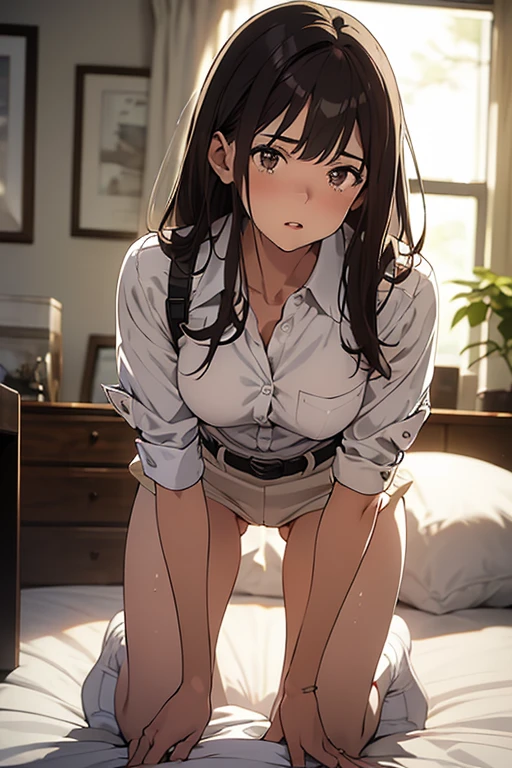 1girl, squatting, underwear Shot, spread legs, thighs, bad mood, (ultra detailed, an extremely delicate and beautiful)