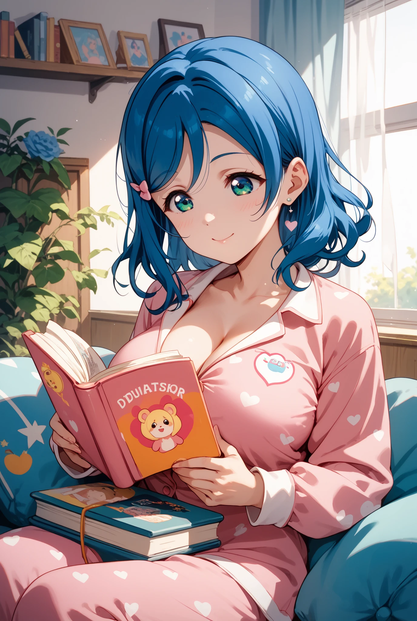 (Best Quality, Masterpiece), 1 girl, reading a book, particle, wind, flower, Upper part of the body, simple background, looking at the viewer, rainbow hair, short teal floating dress, Cosmic, nebulae, busty galaxy