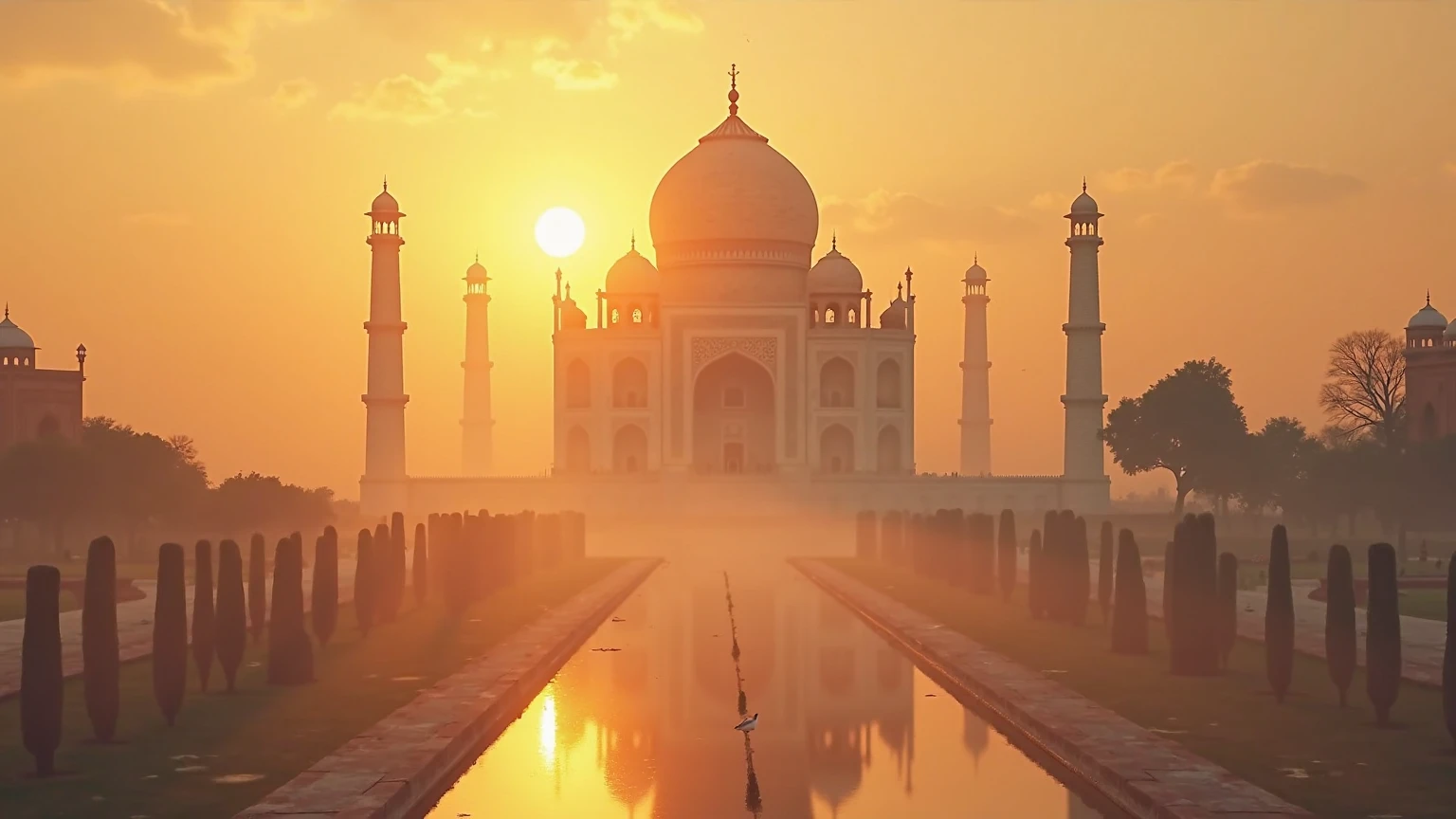 Sunset view of the Taj Mahal, glowing in the fading light.add as a title on the image 