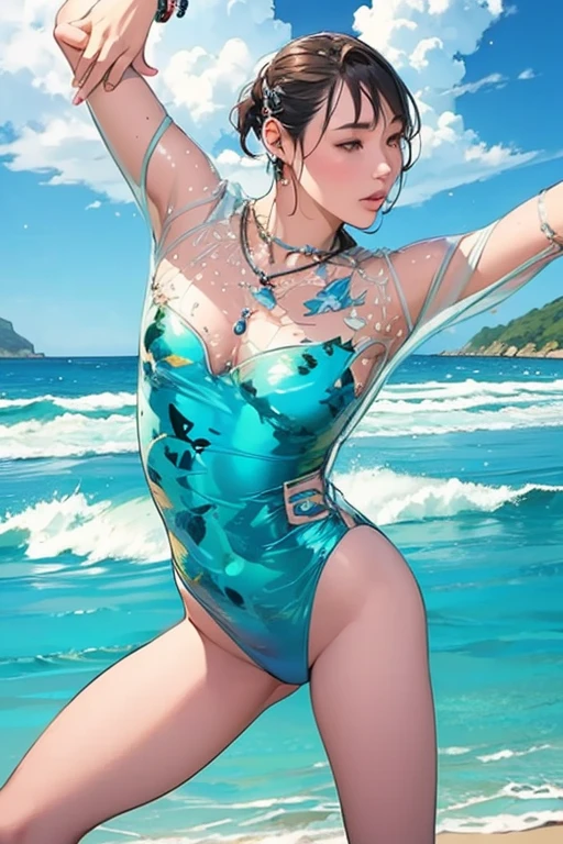一个穿着连衣裙的女孩躺在Starry Sky下的床上,Exquisite smile,Beautiful and delicate eyes,Beautiful and delicate lips,Extremely detailed face and eyes,Long eyelashes,Full body,Flowing hair,belly button,best quality,excellent work,Super,(Reality:1.4),RAW photos,(Beautiful face:1.2),(Lying on the water:1.5),1 girl,(absurd),(8K), (4K),Octane Rendering,Starry Sky,((Full body view)),Wear crystal high heels,Cross-legged