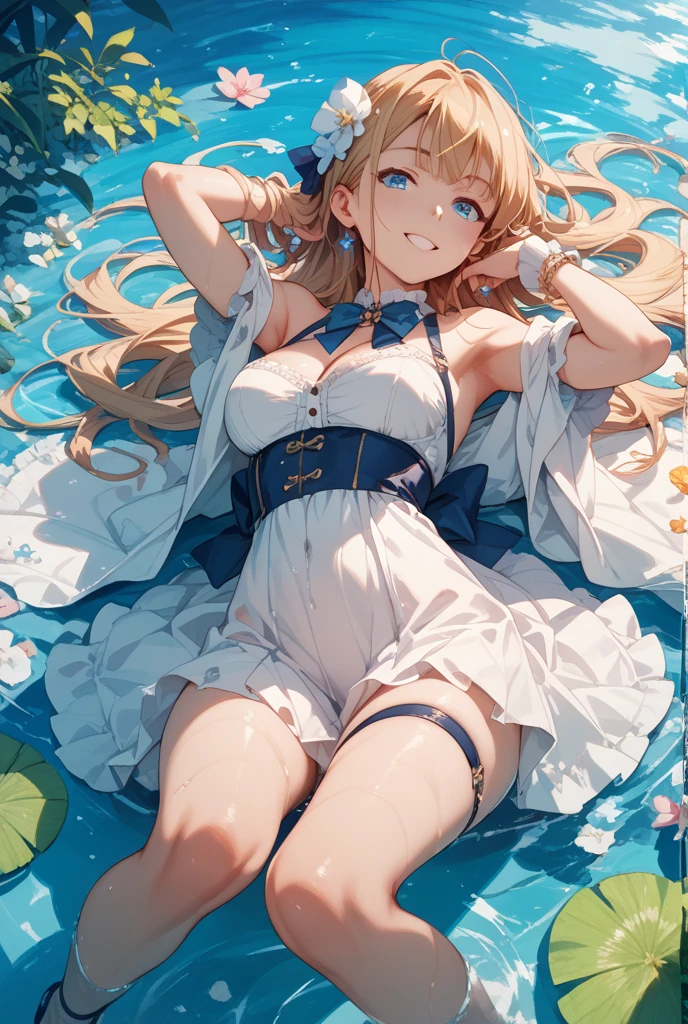 masterpiece，8k，Fairy tale style，sleeping Beauty，Princess，A woman with big ，ahegao，Long blond hair，(ultrashort)，Slim waist，Lying in the sea，Wet clothes，