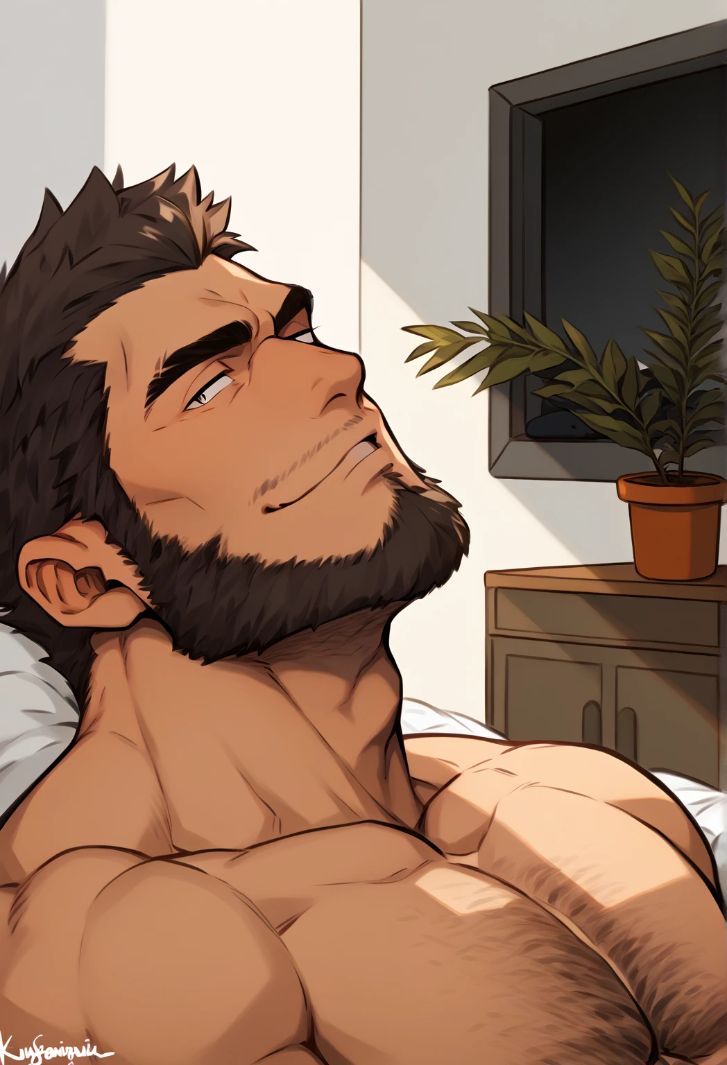 solo, Male with light beard, flowing black hair, chubby, has bear ears, shirtless, happy, playful, in comfy pajamas