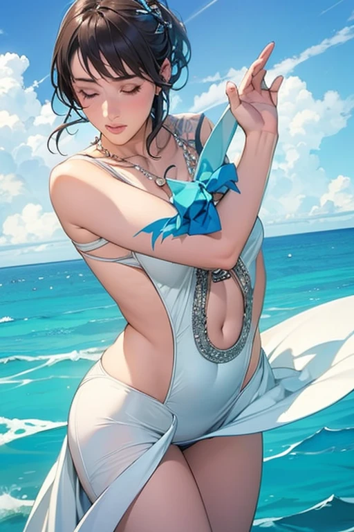 (in 8K、top-quality、masterpiece:1.2)、1人の女性、(Smiling smile:1.1)、beautidful eyes、Valley、The upper part of the body、shorth hair、Like a boy、bob cuts、Colossal tits、Gold View、