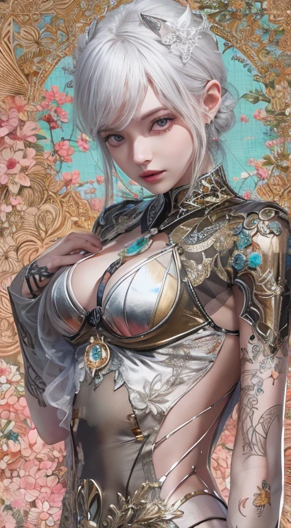 anthropomorphic gemstone diamond、(masterpiece、top-quality、top-quality)、(((Beautiful anime style girl、)))、28 year old、oversize model、((((beutiful breast)))、((Silvery hair)))、silver eye、hairstyle is short bob、Hair is straight、Extreme details、colourfull、Groism、Birthstone Diamond Image Frame、カン・リフィスとヴァディムカシンによるアートconcept-art、Ethereal、bold pose lawless、Pure form、the golden ratio、Khan Griffith、Wadim Kashin、john william waterhouse、abstract art、 (masterpiece、top-quality、hight resolution: 1.4)、More about realism、color splashes、line-drawing、Fibonacci、concept-art、foco nítido、illustratio、Art by Alphonse Mucha、Tarot Cards、Sexual References