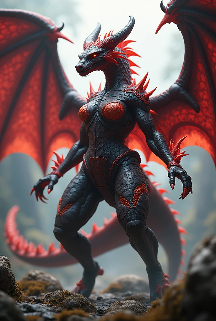 cynder, dragon, furry, scalie, anthro, female, best quality, masterpiece, full body, cynder adult, black skin, red inner