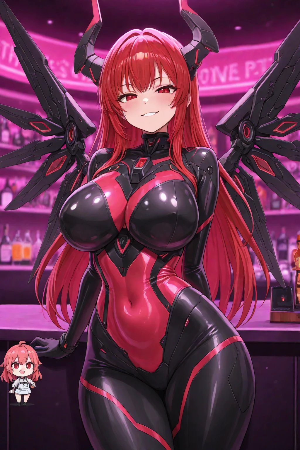Gigantic breasts, skinny, anime girl, long wavy heir style, red hair, full body, boobs naked, stripping