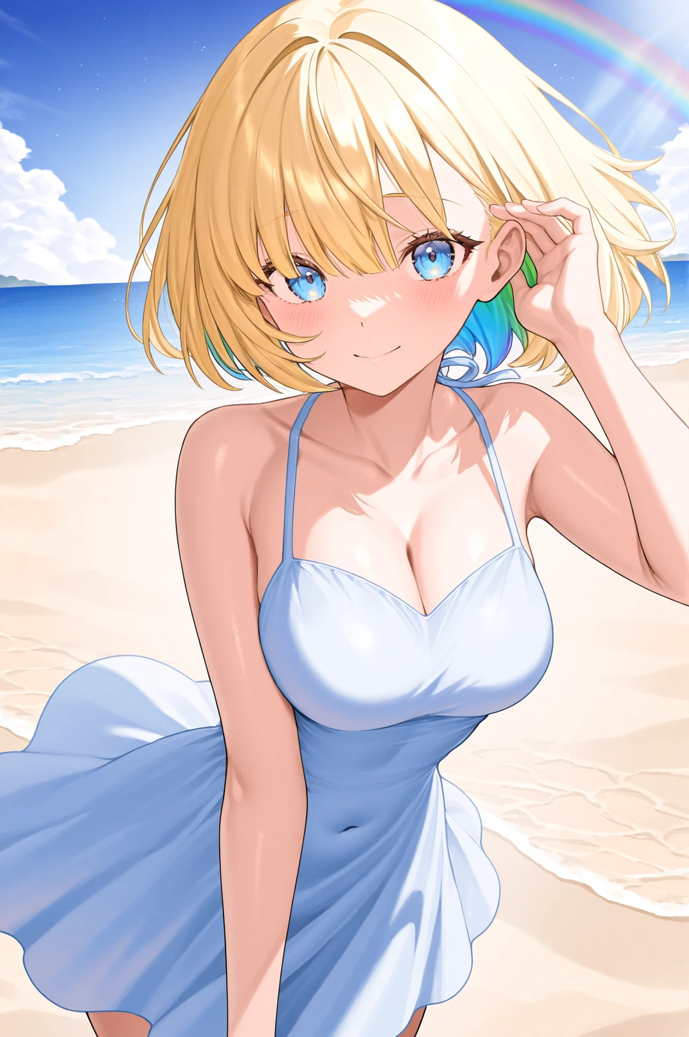 Photorealistic、Highest quality、Highest Resolution、Highest quality、16K、One beautiful woman、Cute face、Delicate face、Bob cut hair、Light Hair Color、Pale blue eyes、Delicate eyes、Beautiful breasts、Big Breasts、Cool clothes、Simple clothes、Blue sky、Sexy pose、