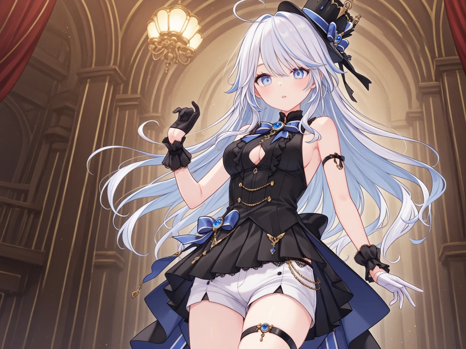 Slit dress, ribbon, blowing air, arms stretched, oversized dress, bluish hair, azure eyes, fishnet, garter belt, tip toe standing