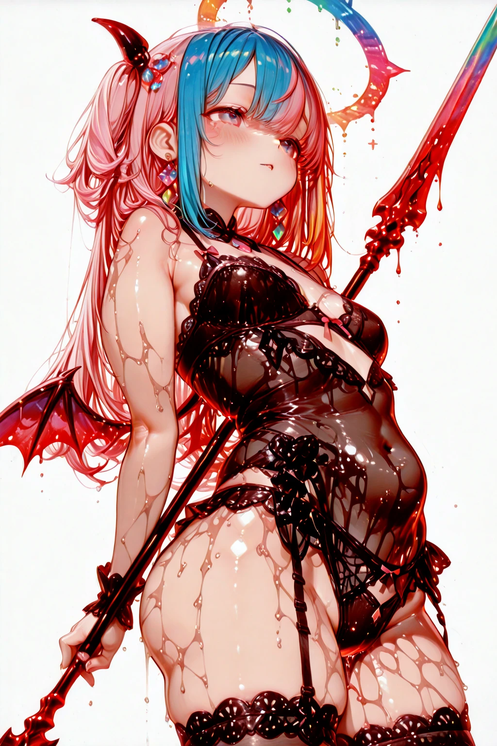 Sakura, evil smile, masterpiece, best quality, detailed, 1girl, solo, bra, (body marks, corruption), red ribbon, lying on bed, full body, good anatomy, detailed face, hd