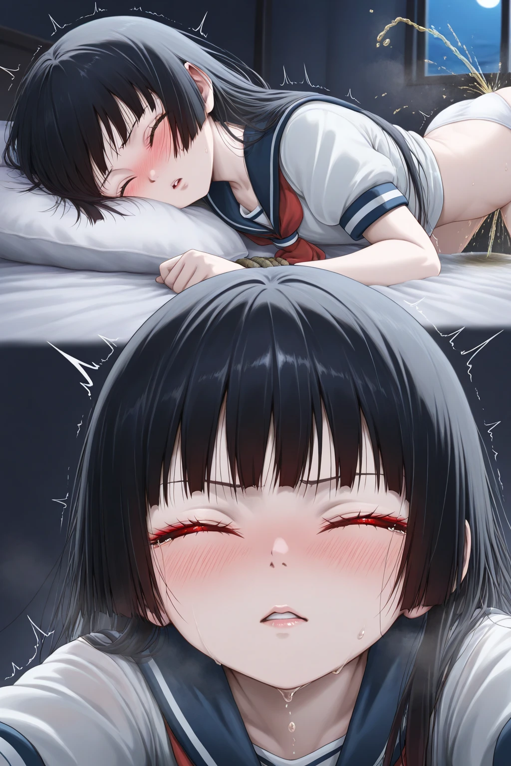 naked woman、fullnude、 (nose blush, Naughty, half opened eye, Drooling), [Full body shot]、BDSM、Plenty of love juice、pale pubic hair、Wearing a black dog collar,Full body shot,body piercings,Large open legs、Lying in bed、Hands tied above the head、Head-to-toe shots、Hand flail、fetters、Squirting、spout、There are a lot of them all over the body,The udder is squeezed out with a rope、Woman in chains、slightly turned to the side、The lower back is cramping up and down、Chest is bobbing up and down、Crying in pain、Both legs are raised above the head in a V-shape、Swing your hips up and down violently、Ahegao、Lower your hips deeply、all the way to the base、The waist is on the floor、hanekawa tsubasa、her black hair is tied into two braids.、eye glass、Colossal tits、Colossal tits、