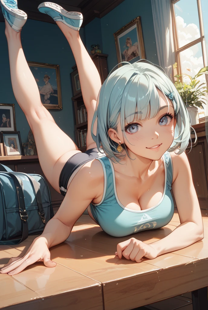 1girl, beautiful fair skin, blue eyes, short green hair, white tank top, yoga pants, medium , cleavage, large breast, dynamic poses, toned abs, cute shy smile, blushing