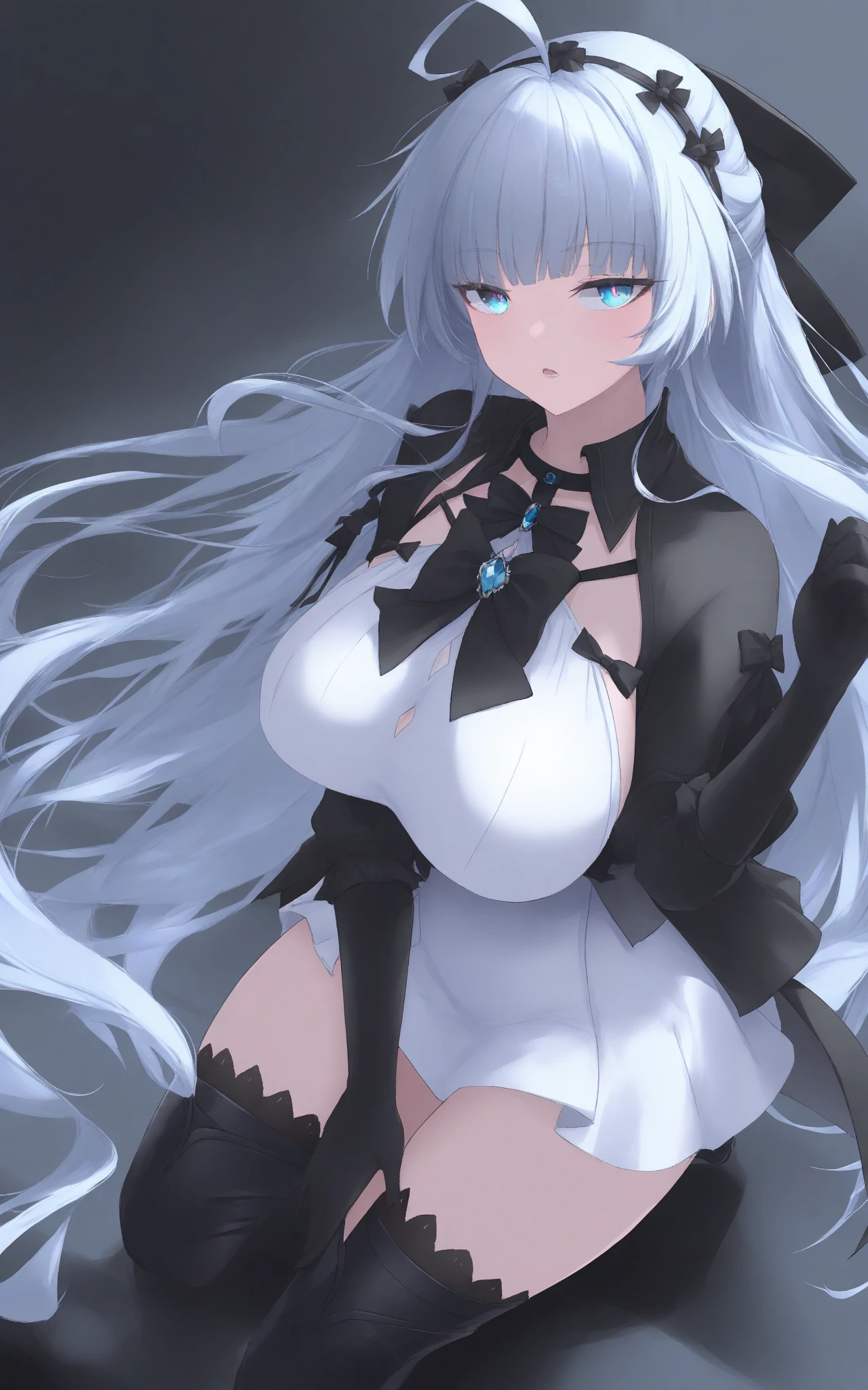pale skin,Ghost Girl, black backgrounds,pale long hair,floating,big  breasts, huge tits,Big ass,thick thight,thick waist,I can see the cleavage, A slight smil, see through dress, ectoplasm,large body, stick out one's butt,
​