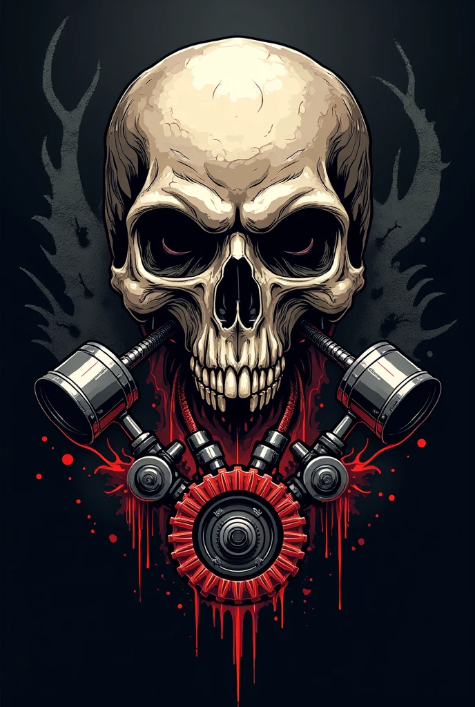 T-shirt design, two crossed pistons, skullish, vector art inspired by Ed Roth, featured on behance, conceptual artwork, garage, heavy metal t-shirt design,T-shirt design