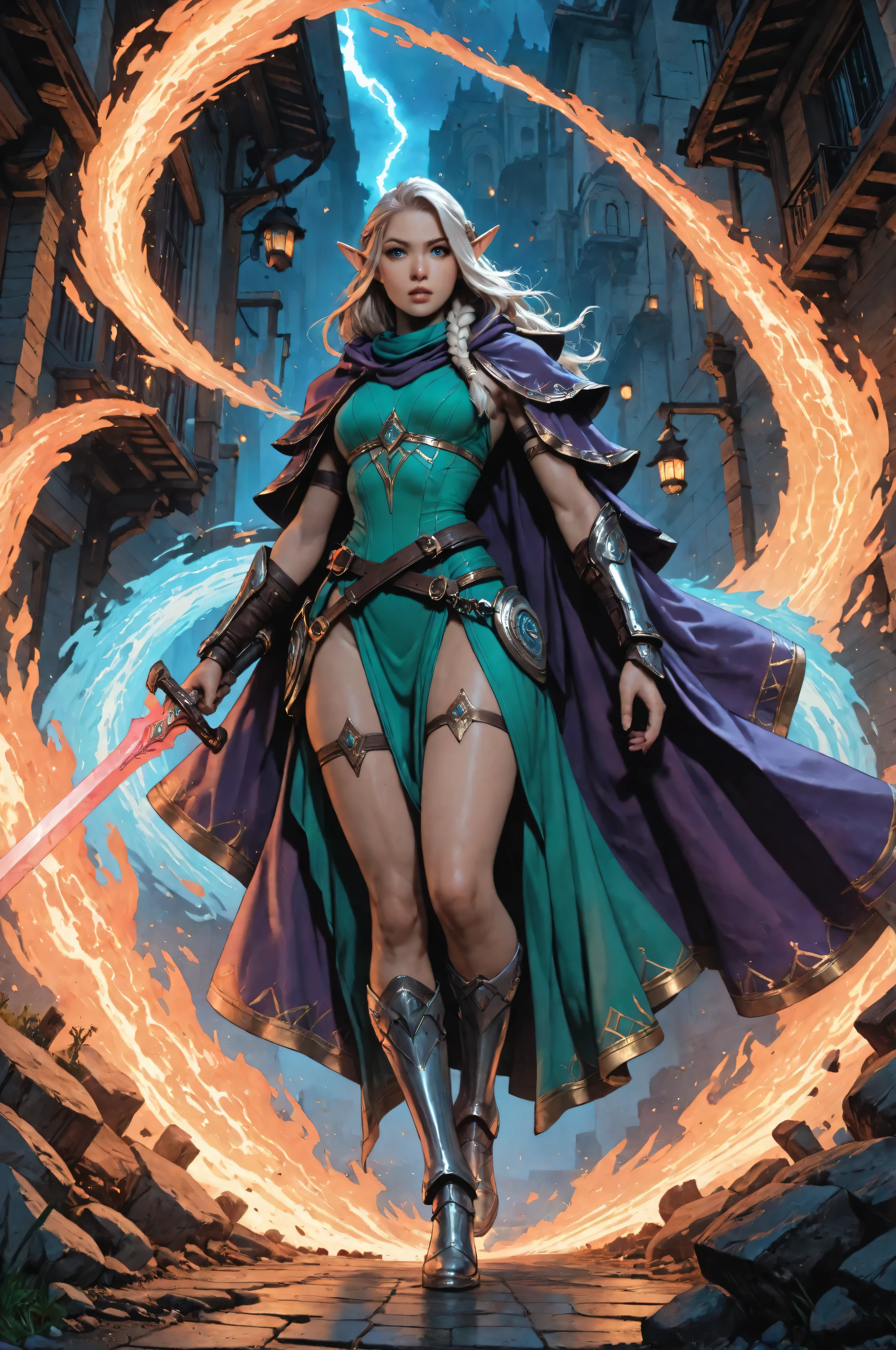a picture of a female elf (intense details, Masterpiece, best quality) fantasy swashbuckler, fantasy fencer, armed with a slim sword, shinning sword, metallic shine, colorful clothes, dynamic clothing, an ultra wide shot, full body (intense details, Masterpiece, best quality)epic beautiful female elf (intense details, Masterpiece, best quality), rich hair, braided hair, small pointed ears, action shot, GlowingRunesAI_red , colorful magical sigils in the air, colorful arcane markings floating,  holding a sword (intricate details, Masterpiece, best quality), fantasy urban street (intense details, Masterpiece, best quality),  purple cloak, long cloak (intense details, Masterpiece, best quality), sense of daring, sense of adventure,  h Masterpiece, best quality, amazing quality, hyper-detailed, newest, very aesthetic, full body, (ultra details, Masterpiece, best quality), realistic art, , realistic art, fantasy art, dnd art,fantasy art, realistic art, Colorful