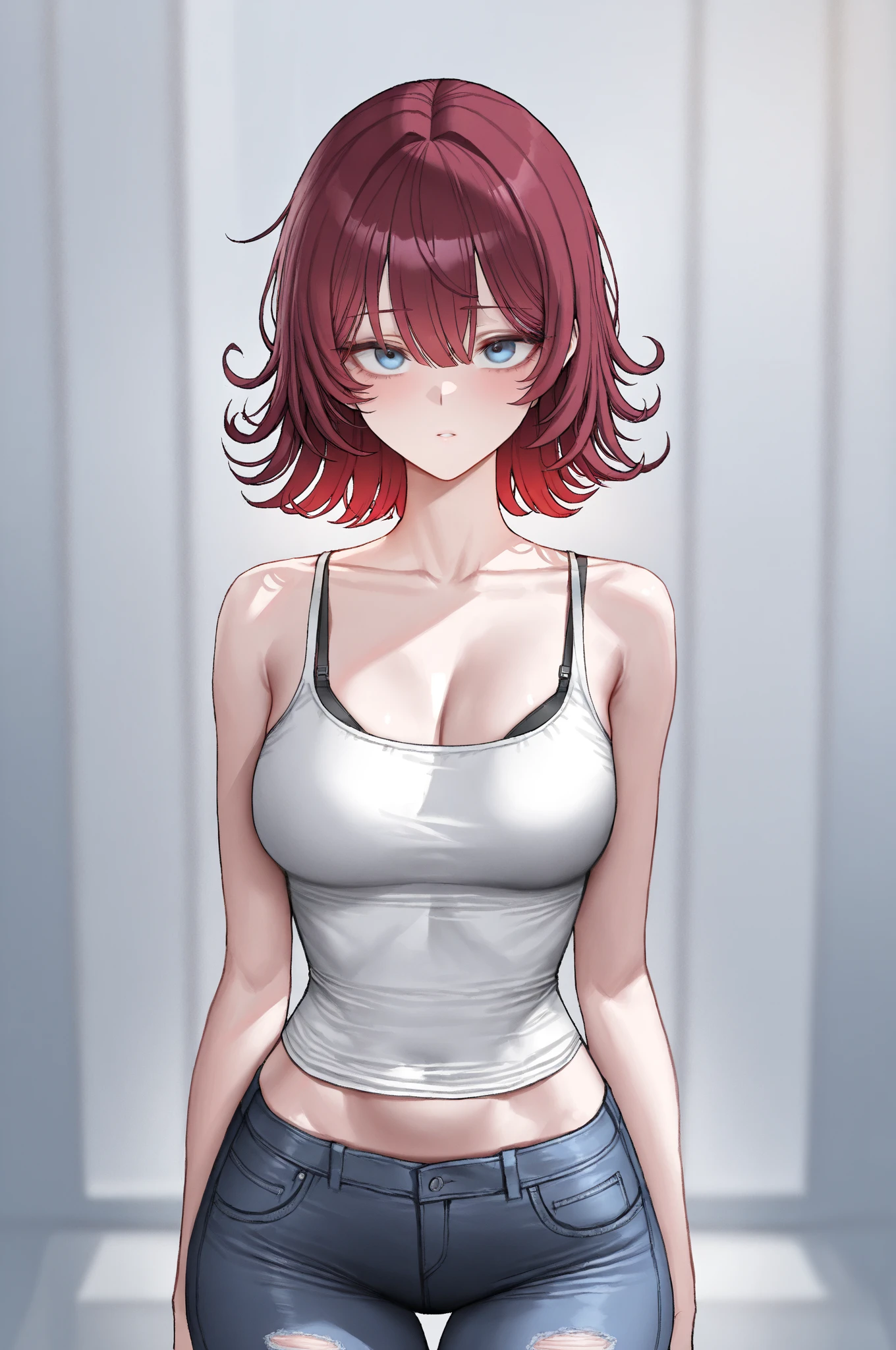 足を組んで床に座っているレッドの髪のAnime Girls, Anime Girls, Anime Styleキャラクター, clothing:Black camisole, Girl wearing denim shorts, Anime Styleで, Big Breasts, girl with big breasts, Anime Style, Anime Style, Muscular Woman, Knight of the Zodiac Girl, with short red hair standing on end,, In anime style, Feminine and muscular, Bare Arms, Bare shoulders,
