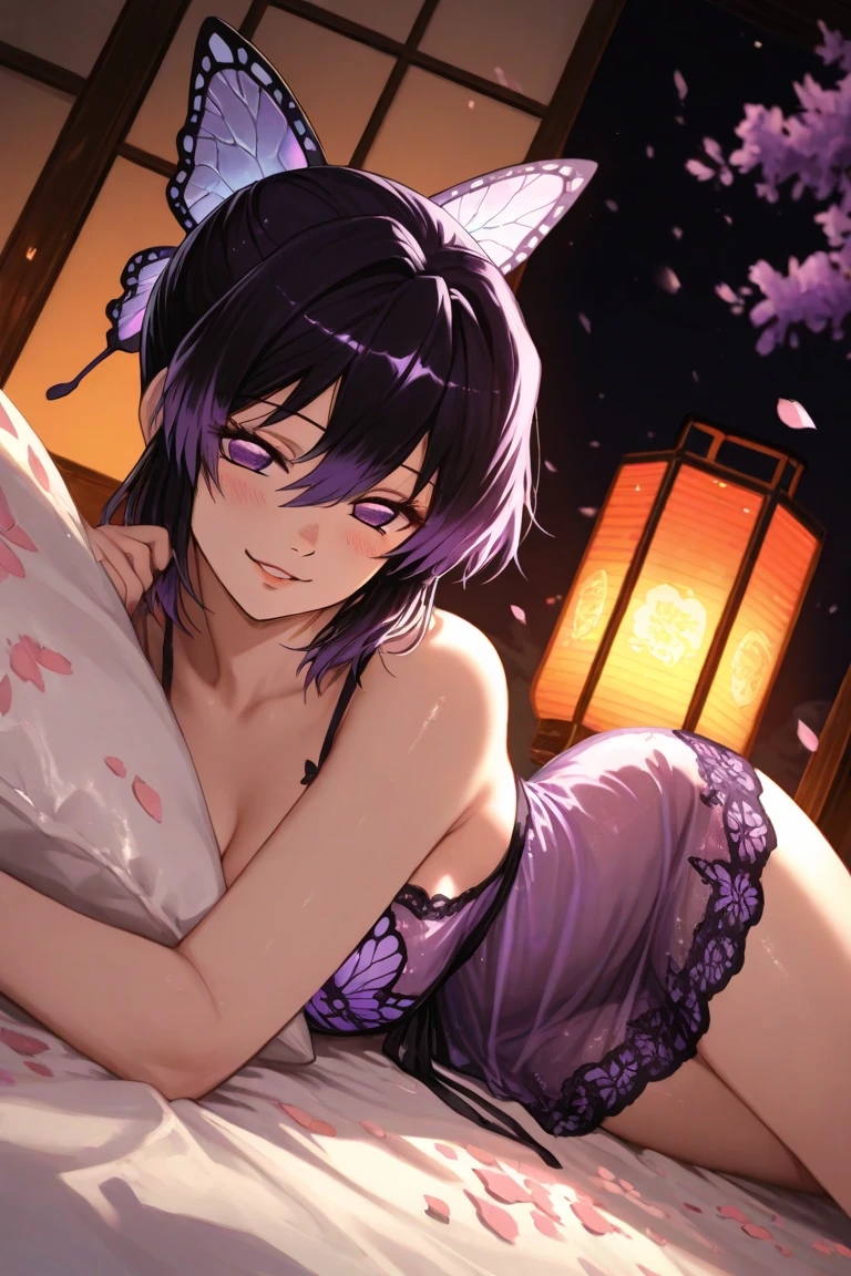 Browsing Caution, Small breasts, topless, Very fine and beautiful pink nipples, Pointed nipples, side, Ultra-realistic 8K CG,masterpiece,((Highly detailed background,Delicate pattern,Intricate details)),The best quality in the best condition,とてもとてもとても詳細なface,Highly detailed eyesとface,Highly detailed eyes,kochou shinobu,Multicolored Hair,No bangs,Hair Intake,team uniform, Purple eyes,Haori,butterfly,band,(熱band庭園:1.2),Purple Flower,mostly cloudy null,Light of the sun,Tyndall effect,slope_null,face,beautiful null,Sabre on waist,Seductive posture,(Large Breasts:1.3),(Cleavage:1.3),(Off-the-shoulder outfit:1.6)