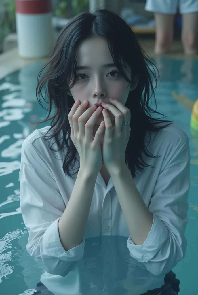 (photorealism:1.2), beautiful Japanese woman, a little plump woman, Small breasts, 45 years old, some spots on the face, sitting in the water, wearing sweater and skirt and high heel shoes, black long straight, indoors, flash lighting from her behind, large room, relaxed pose, realistic, intricate details, cool colors
