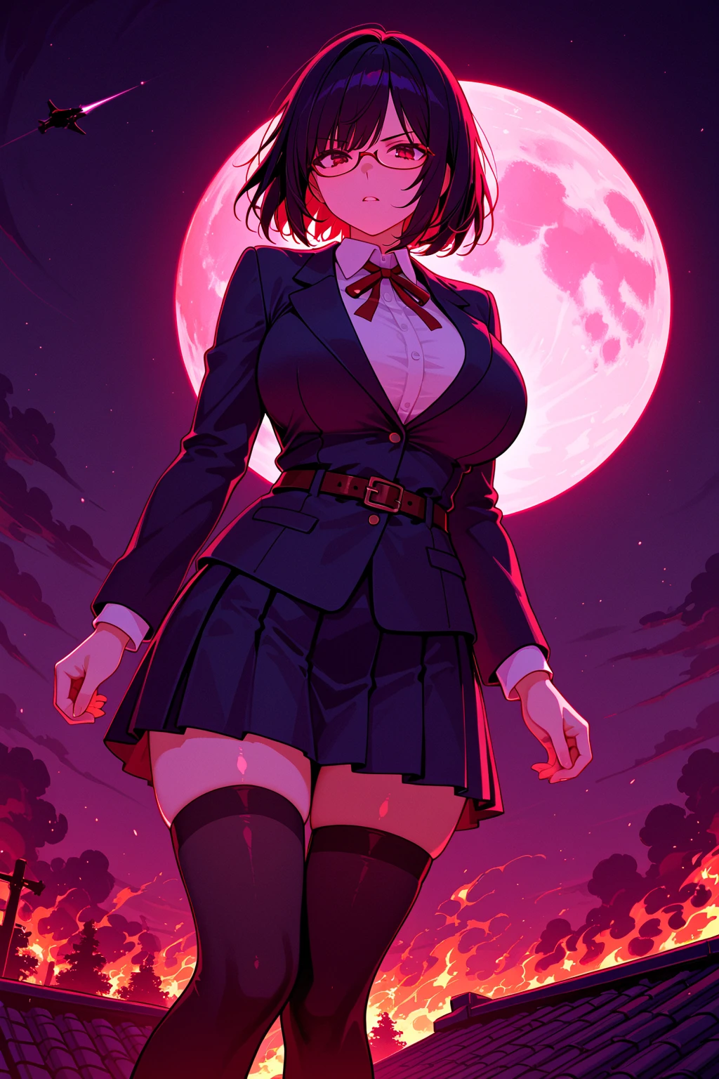 atmosfera sombria sangrenta e uma lua grande e vermelha ao fundo, sexy sensual decote em V Arlequina sexy Girl dbz, Chanel, black gold hair, mel eyes, smiling Cat-like power fênix negra woman, Mysterious in anime death note