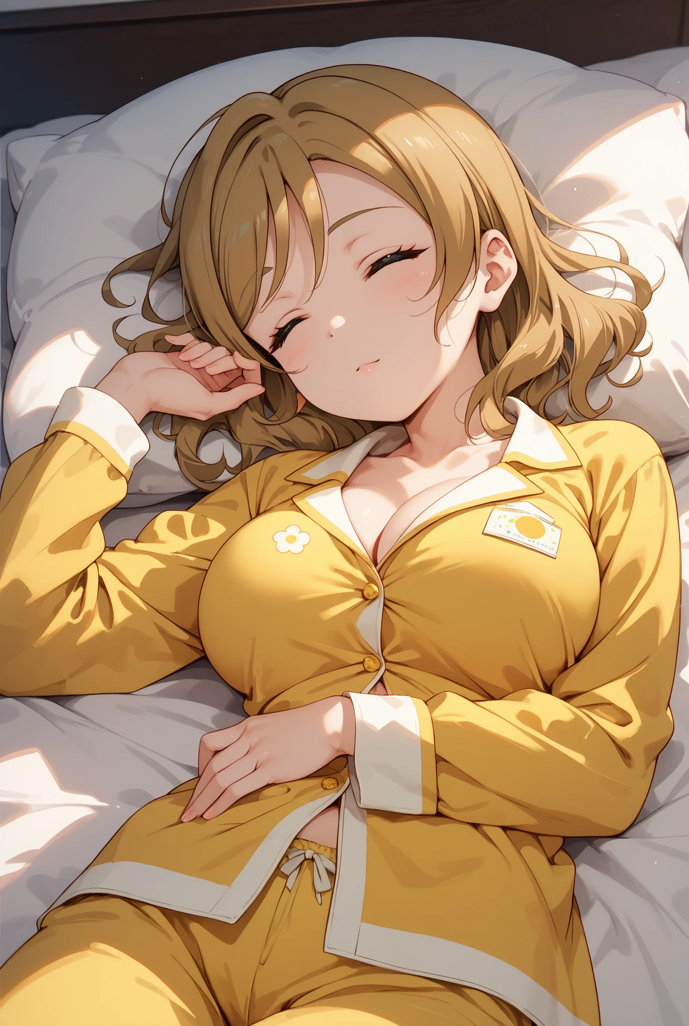 ((super high quality,Ultra-high resolution,16K,super masterpiece,Ultra HD ,Detailed shading))Dark Room,Lying on the bed,Sexy woman,Cleavage,Yellow jumpsuit,popped Tight collar,sexly,smile,blush,Sweaty,