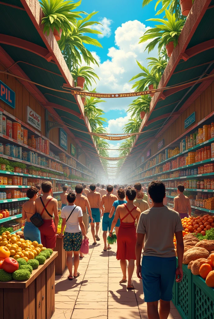 A very thin man with bulging eyes in the fruit section of a supermarket with a shopping cart filled to the brim with pineapples, Young and beautiful women look at him and smile., provocative attitude, real image kodak ultra
