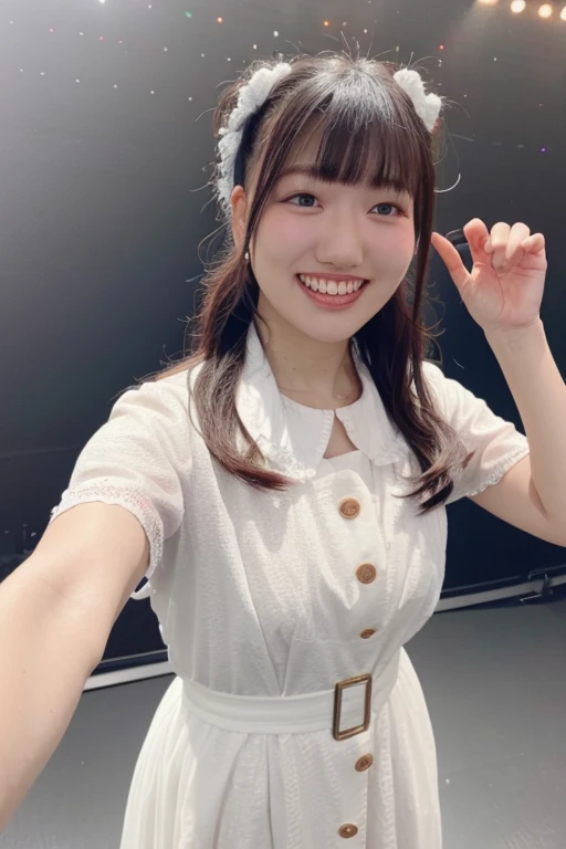 best quality, ultra high res, masterpiece, black eyes, beautiful face, cute face, brown hair, long hair,
open mouth, teeth, finger_gun_under_chin_pose, hand_on_own_face, 
shirt dress,
white background,