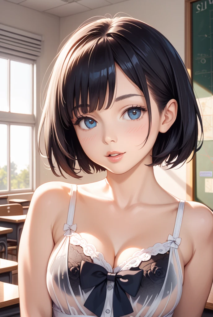 Highest quality、Realistic、、zoom、Middle school students、Girl、look up、cute、Light grey eyes、Black Hair、short hair、Tanned brown skin、Dark Skin、lingerie、Shy laugh、Flat Chest、Bust Shot、thin、classroom