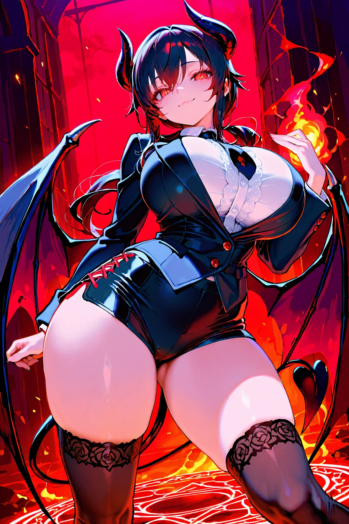 trading card, devil, sexy pose, big breasts, curvy, smile, bob haircut, sexy china dress, redhead, bat wings, horns, in middle hell