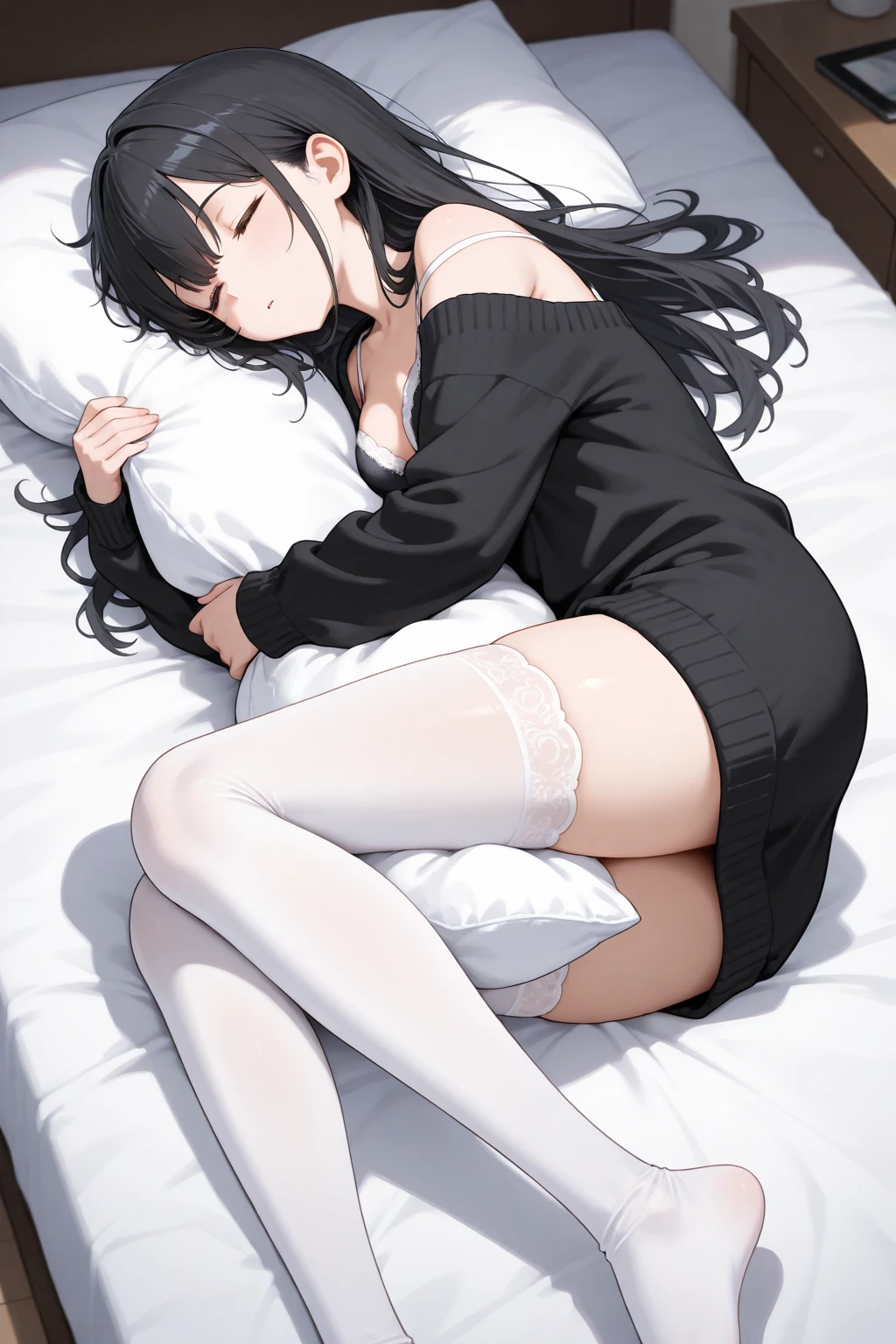 score_9, score_8_up, score_7_up, score_6_up, score_5_up, score_4_up, source_anime, BREAK 1girl, lying, on side, grabbing own ass, black panties, feet, gothic, lace, long sleeves, long hair, black hair, blunt bangs, makeup, indoors, open mouth, smile,