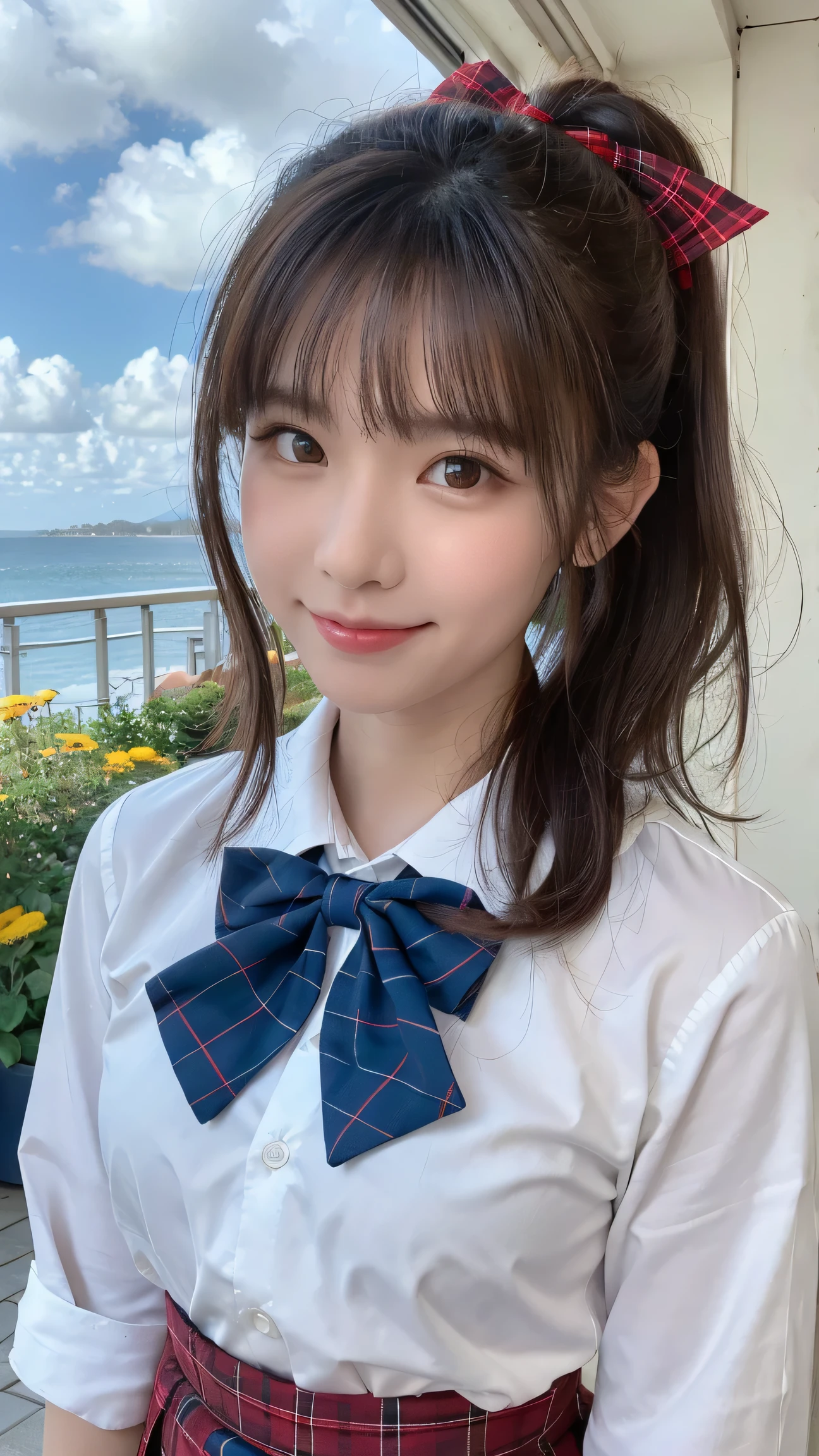 (masterpiece) ++, (sweet illustration) +, detailed gradient eyes, outdoors, (Eiffel Tower, Paris, blue sky), scenery, above the clouds, sunlight,
1girl, standing, (blue and white uniform), looking at viewer, ((double peace)), medium bob, (Glowing brownish-yellow with hair), shiny wavy hair, (closed eyes), blue pupils, laughing smile, long hair, petals kanzashi, braided bangs, cute,