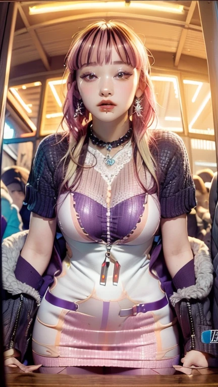 ((masterpiece, best quality, highres, UHD, perfect pixel, depth of field, 4k, RTX, HDR))), 1girl, single, solo, beautiful anime girl, beautiful artstyle, anime character, ((long hair, bangs, brown hair, curly hair:0.8)), ((green eyes:1.4, rounded eyes, beautiful eyelashes, realistic eyes)), ((detailed face, blushing:1.2)), ((smooth texture:0.75, realistic texture:0.65, photorealistic:1.1, anime CG style)), medium breasts, dynamic angle, perfect body, ((portrait, pov)), ((red bowtie, , black jacket, open jacket, brown cardigan, white shirt, black skirt, plaid skirt)), smile, amusement park