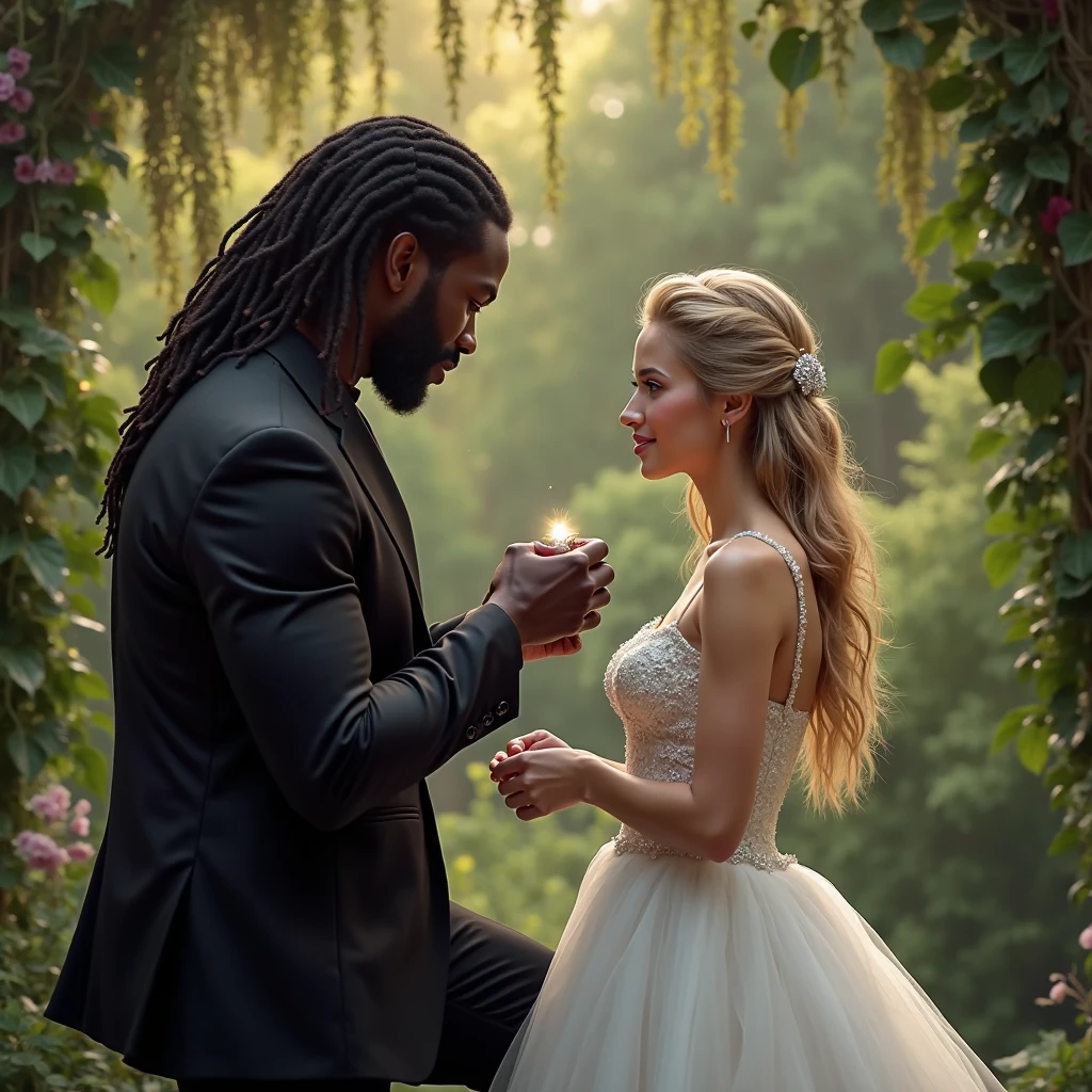 A traditional wedding photo of an European couple: a blonde woman with blue eyes and a dark man with long dreadlock hair, taken in the forest in spring, looking at the viewer, bright gleeful smile, cherry blossoms,
(intricate detail), grainy, Fujifilm XT3, 55mm lens, subtle lens flares
