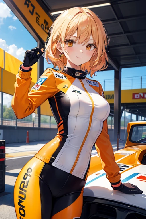 masterpiece,highest quality,32K,ultra detailed,young woman,light brown eyes,light makeup,flat chest,cleavage,fair skin,shiny skin,happy smile,silky hair,hair over one eye,pixie cut,straight hair,beige hair,racequeen costume,looking at viewer,cowboy shot,circuit,racing car