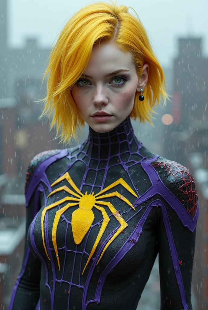 Gothic girl with short red hair,with purple spiderman outfit