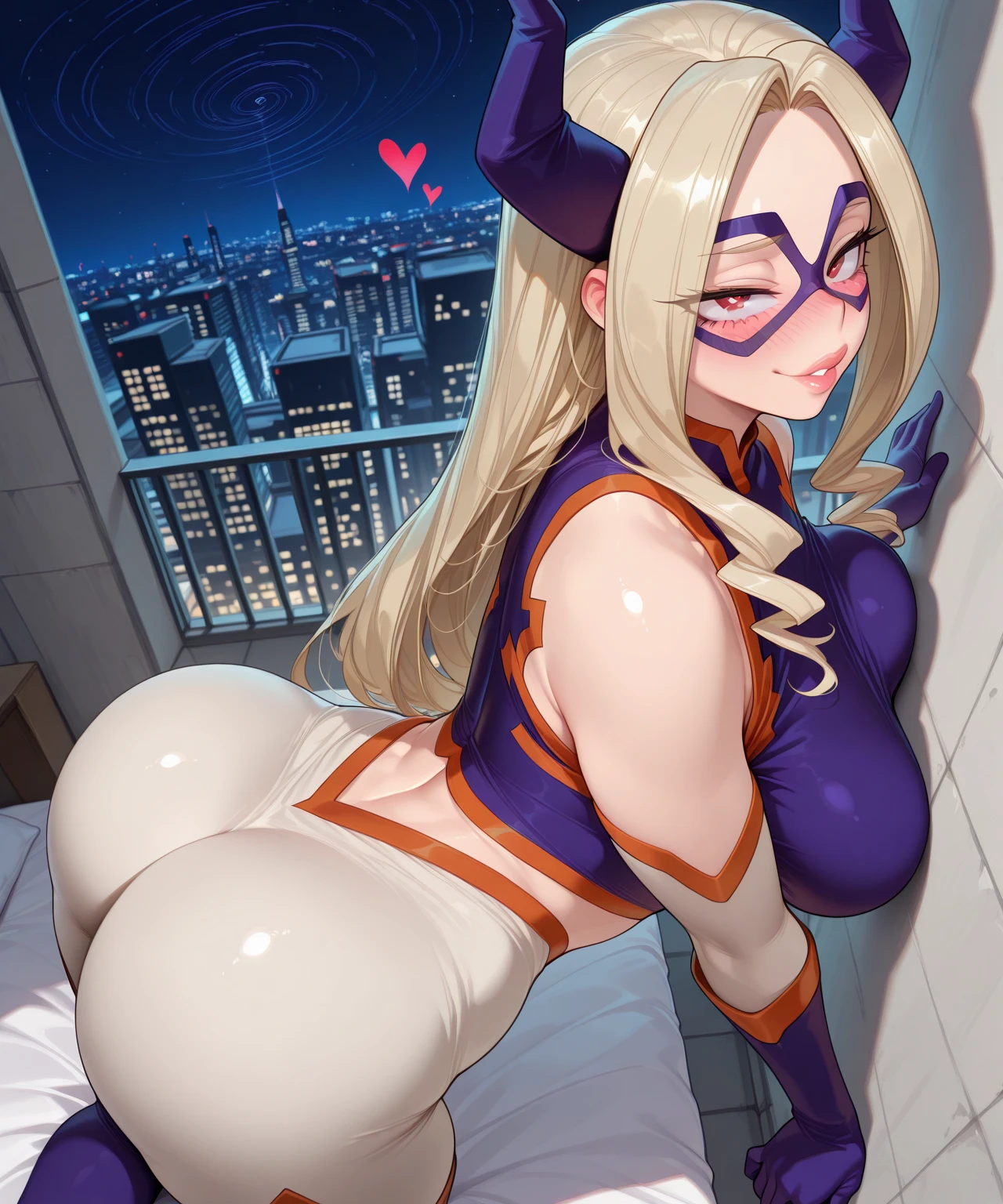 1 girl, alone, mount lady, masterpiece, ultra detailed, cowboy shot, good lighting, curvy body, dynamic pose, long hair, pierced hair, blonde hair, red eyes, purple horns, big breasts, waist medium,wide hips,medium thighs,round butt,superhero,mask,domino mask,bodysuit,tight skin,impossible clothing,covered navel,thighs,dutch angle,depth of field,eye focus,floating hair,floating,looking at viewer , fighting, serious, open mouth, night, night sky, alley, city lights, skyscraper, head on, ((focus on breasts)), pov (from the middle), perfect anatomy, perfect hands